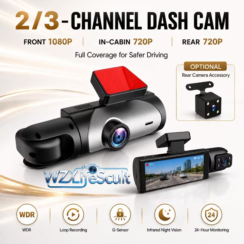 Panoramic Dash Cam 360 - 2/3-kanaals HD dashcam, 1080p vooraan +
