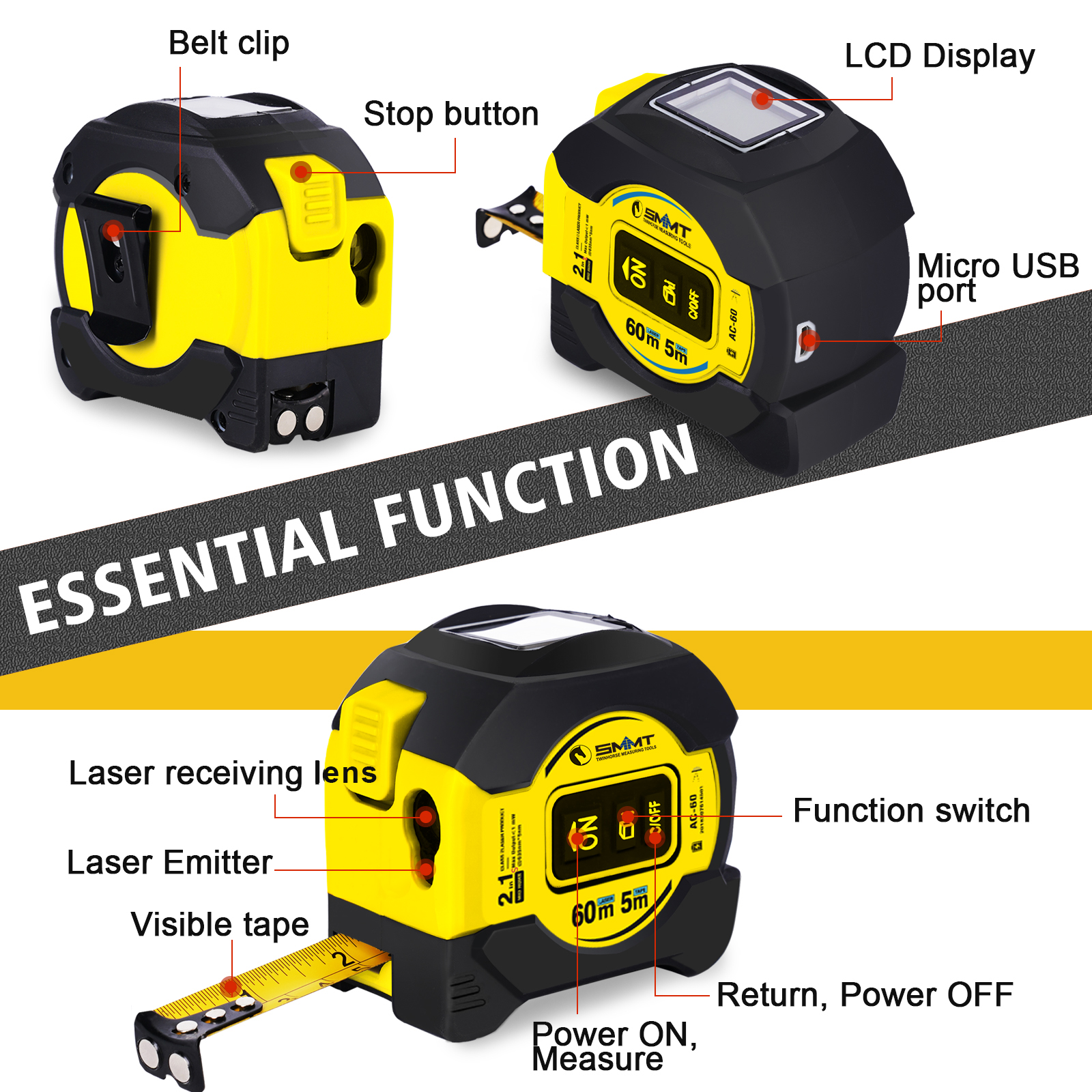 2-in-1 Laser Meetlint 5m 60m H - Laser Distance Measure recensie en prijs